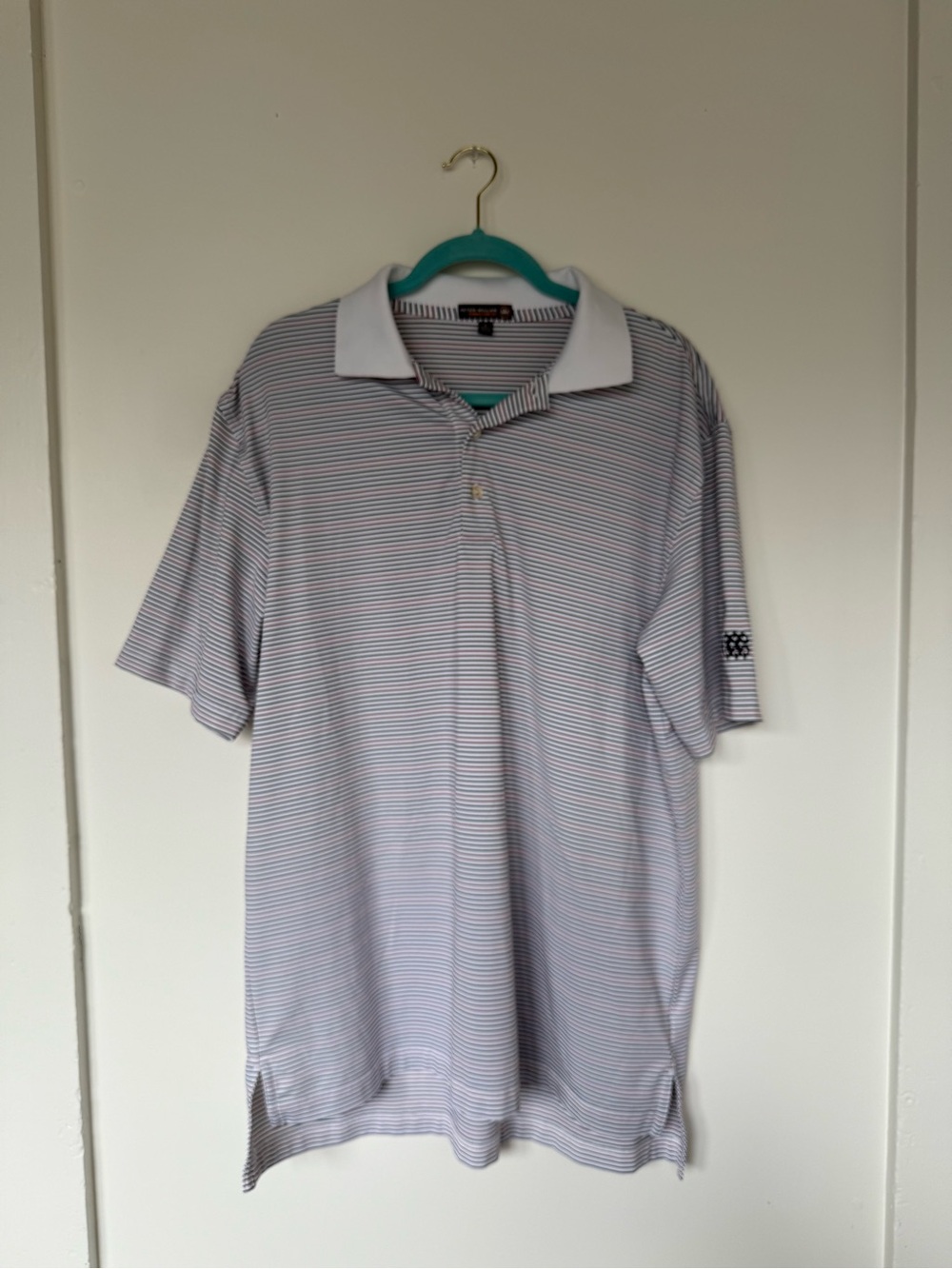 Peter Millar White Polo with Thin Blue and Red Stripes